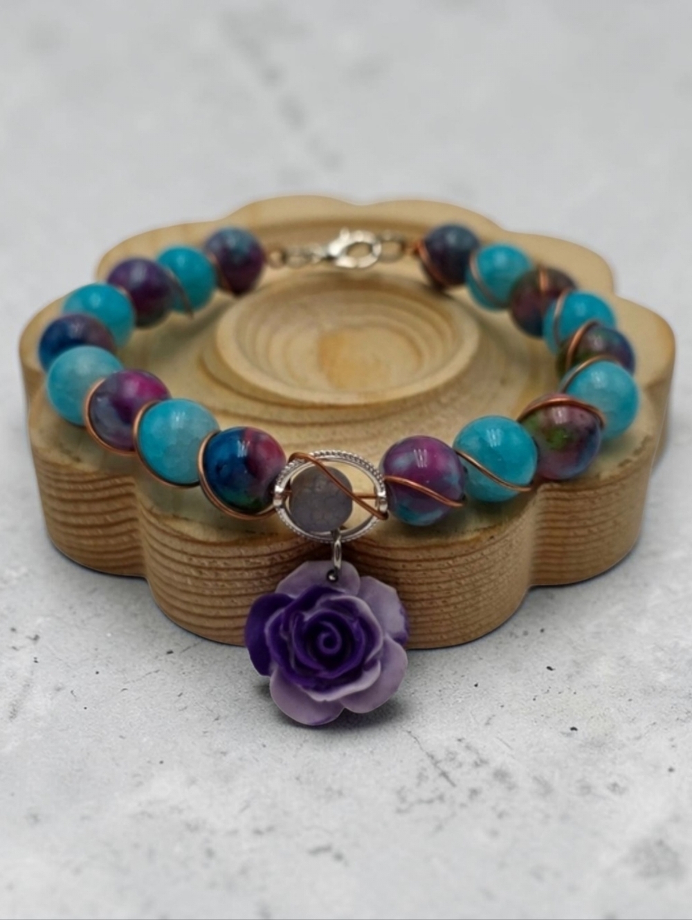 Handmade wirewrapped Purple and Blue Beaded Bracelet with Rose Charm